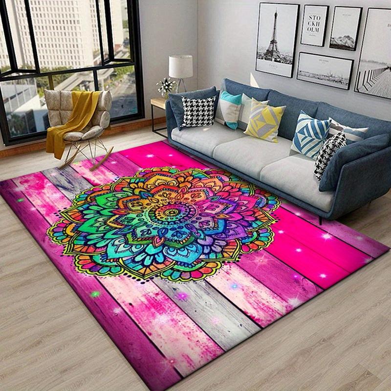 Floor Mat Crystal Velvet Wood Flower Printed Non-Slip Floor Mat, Polyester Area Rug with Vibrant Mandala Design for Living Room