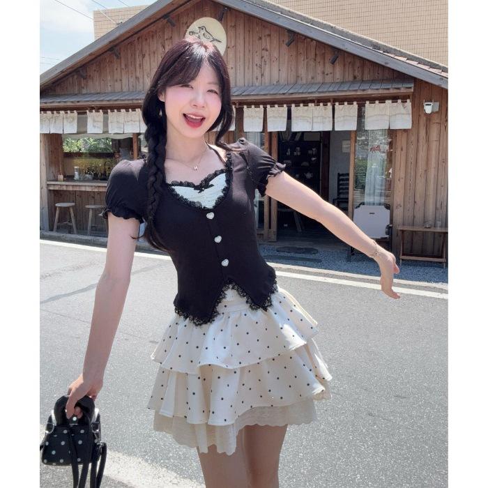 Sweet and Fashionable Fake Two-piece Top Waist Skirt Two-piece Set Summer Japanese Soft Sister Shirt Tutu Skirt Set Women