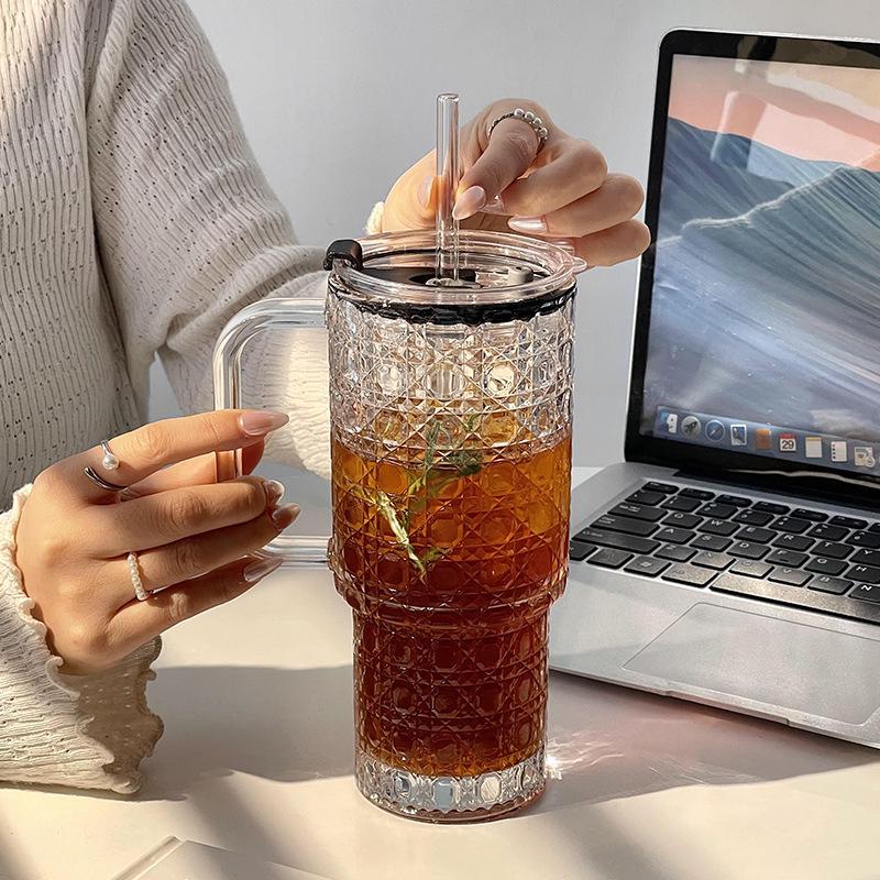 2025 Stylish Large Glass Water Cup with Handle, Lid, and Straw - Ice Buster Edition