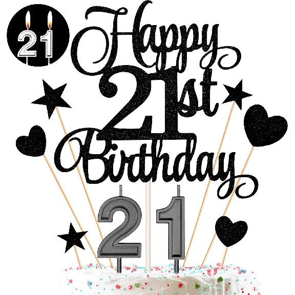 21st Birthday Cake Decorations Set Include Digital Candles 2&1 Numeral 21 Cake Candles and Happy 21st Birthday Cake Toppers with Heart Star Cupcake Black Series