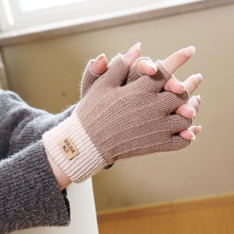 Camel Wool Knitted Gloves Women's Autumn and Winter Warm Outdoor Antifreeze Full Finger Gloves Piled and Thickened
