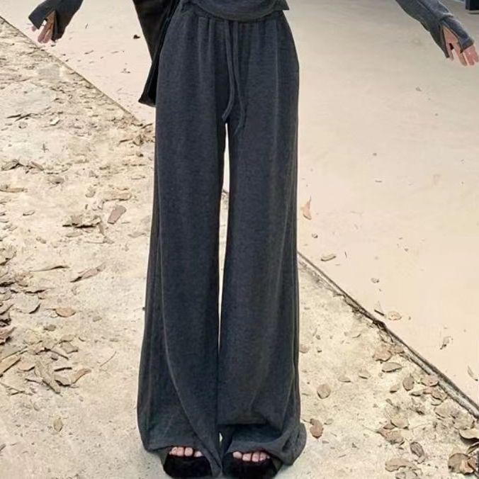 Elegant Early Autumn Women's Set: Spicy Long Sleeve T-shirt & High Waist Wide Leg Pants 