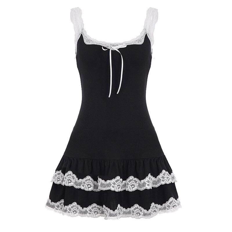 Y2K Lace Patchwork A-line Camisole Dress – Sweet Girly Slim Fit Short Skirt Medium