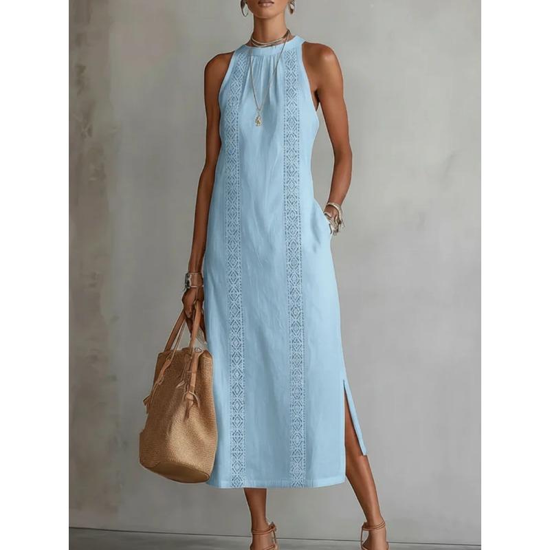 Mode Ärmelloses Spitzenkleid Neu Einfarbige O-Ausschnitt Locker Lang Party Elegant Sommer A-Linien-Kleid Damen Süß Schlitz Lässig Damenbekleidung