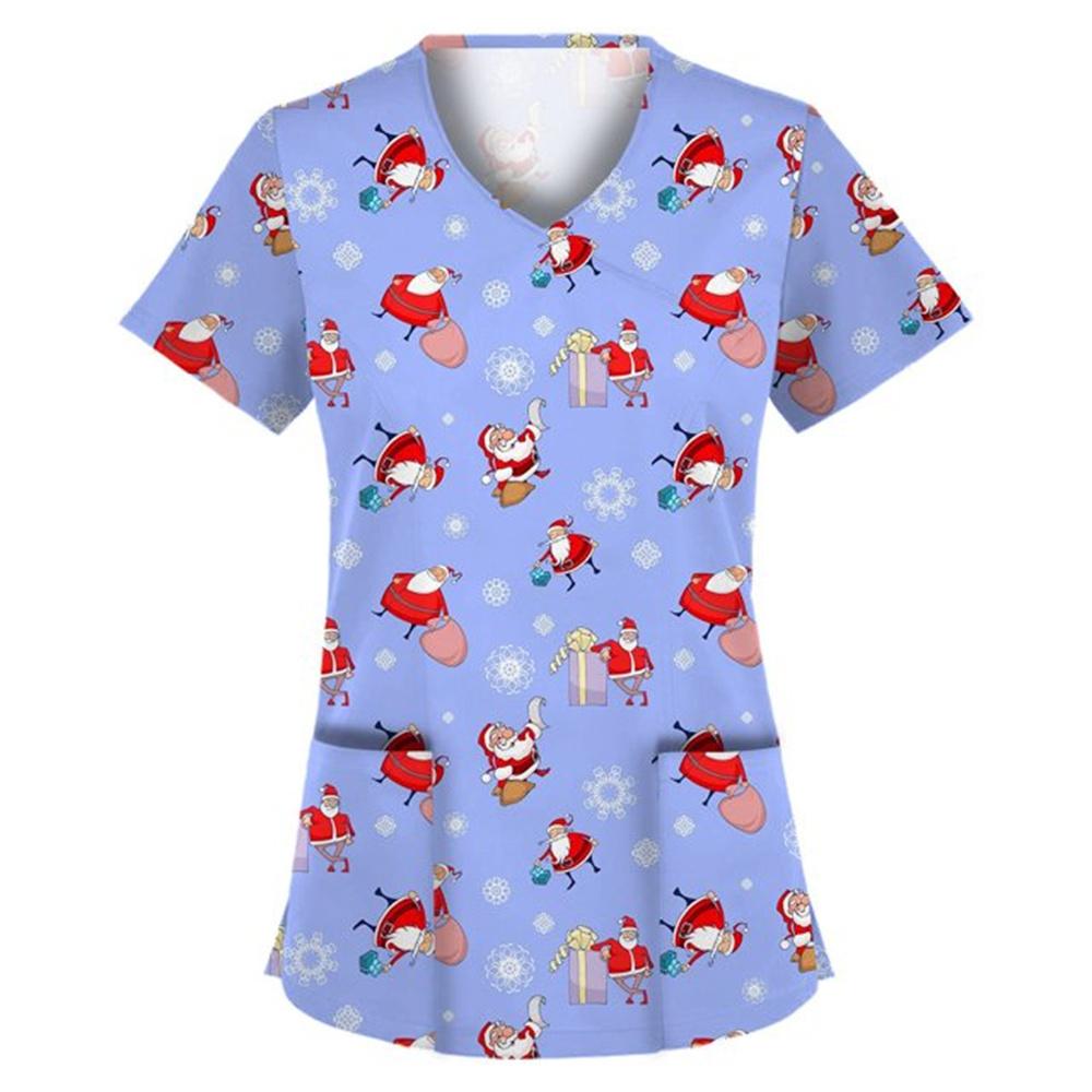 Chirurgische Uniformen Feiertage Weihnachten Drucke Stil Taschendesign Chirurgisches Kostüm Frau V-Ausschnitt Kurzarm Krankenschwester Medizinische Uniform