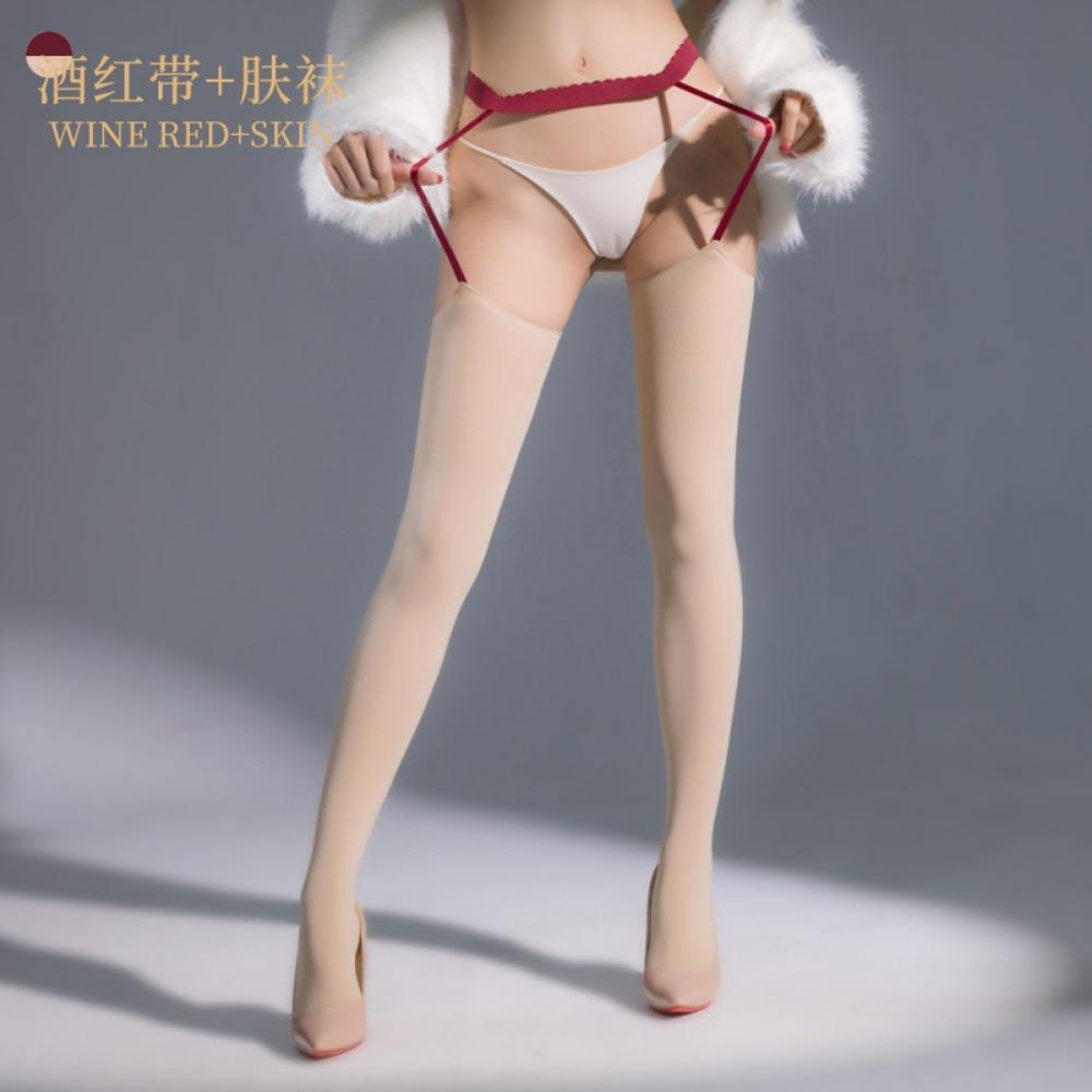 European and American Cross-border Sexy Suspender Integrated Socks 80D Velvet Thermal Long Tube Red Edge Black Silk Sex Stockings Large Size