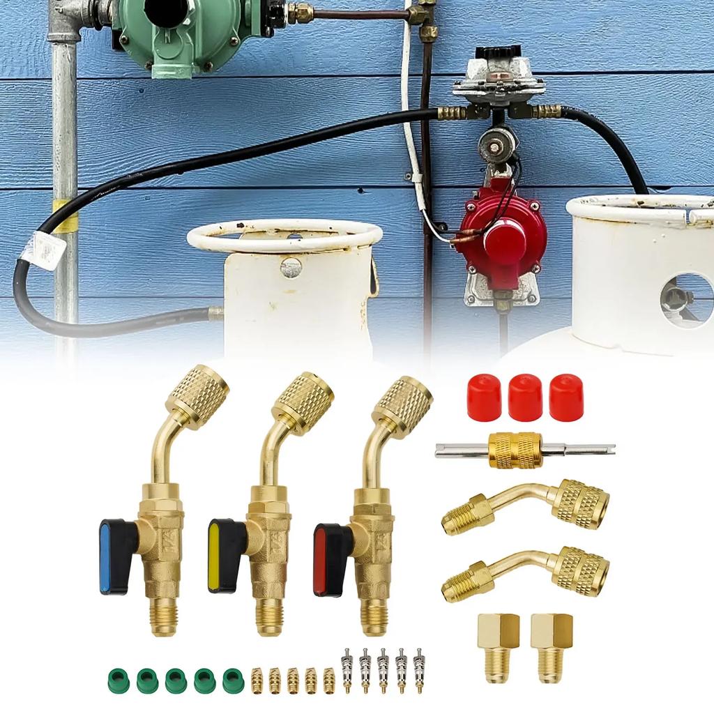 R410A R134A R22 AC HVAC Angle Compact Ball Valve Kit, Strong Earth Copper Construction, 45 Degree Angle Design