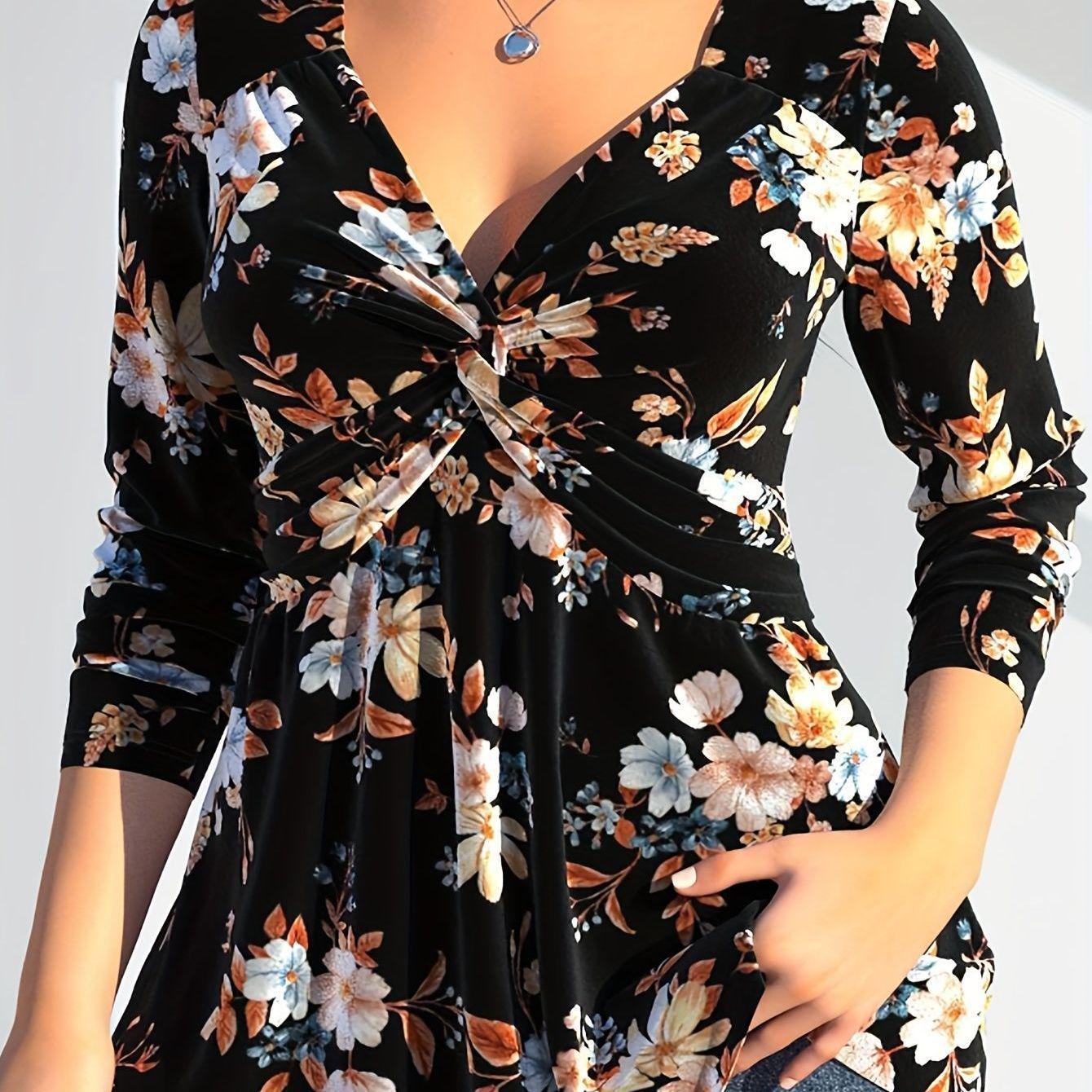 Elegant Plus Size Black Floral Twist V-Neck Long Sleeve Top 1XL