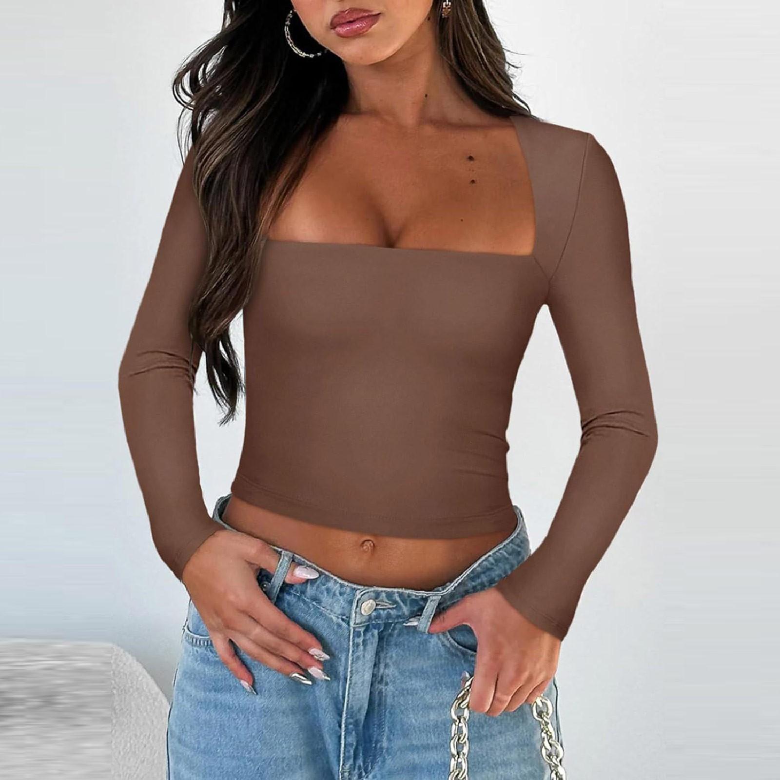 

Женская мода с длинным рукавом сплошной цвет Тонкая рубашка с квадратным вырезом Футболка Топ S коричневый