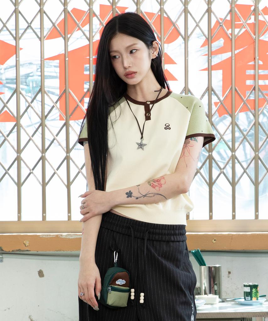 RuNaKi'Hu' Wxk019 Dot Raglan Color Block Short Sleeve Knit (Ivory)