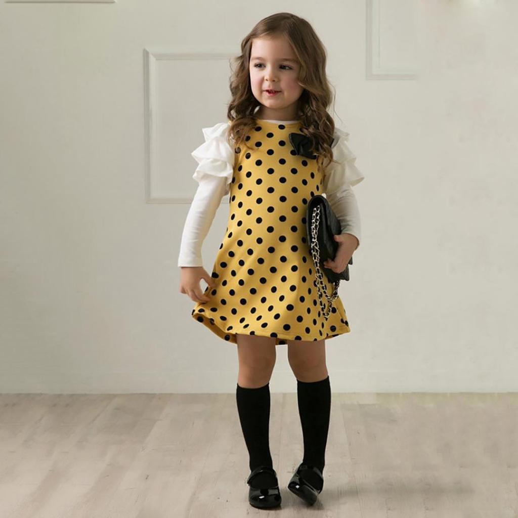 Spring Baby Girl Long Sleeve Polka Dot Bowknot Ruffle Mini Dress Kids Clothes