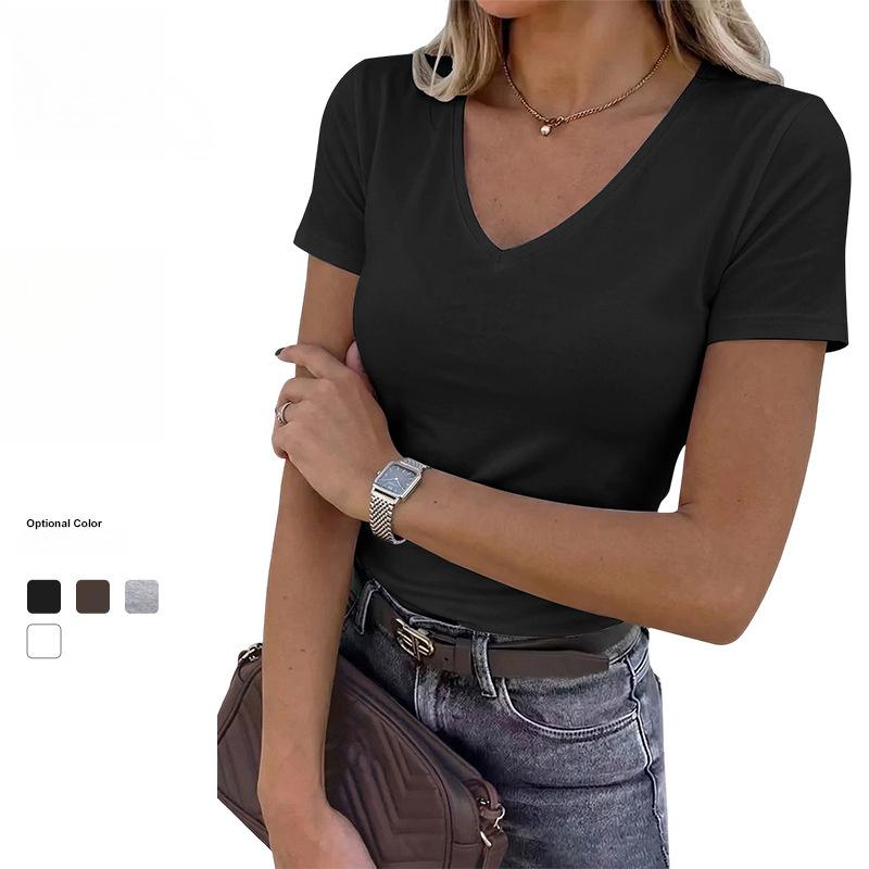 2026 New Women's Short-Sleeve Stretch V-Neck Slim Fit Casual Solid Color T-Shirt