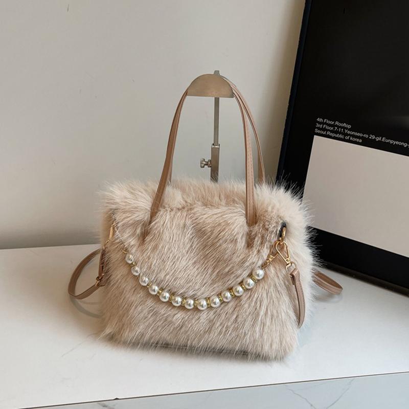 Yogodlns Winter Fashion Faux Fur Crossbody Bags for Women's Gift, Pearl Chain Decor Shoulder Bag, Ladies Handbags Top-handel Bag