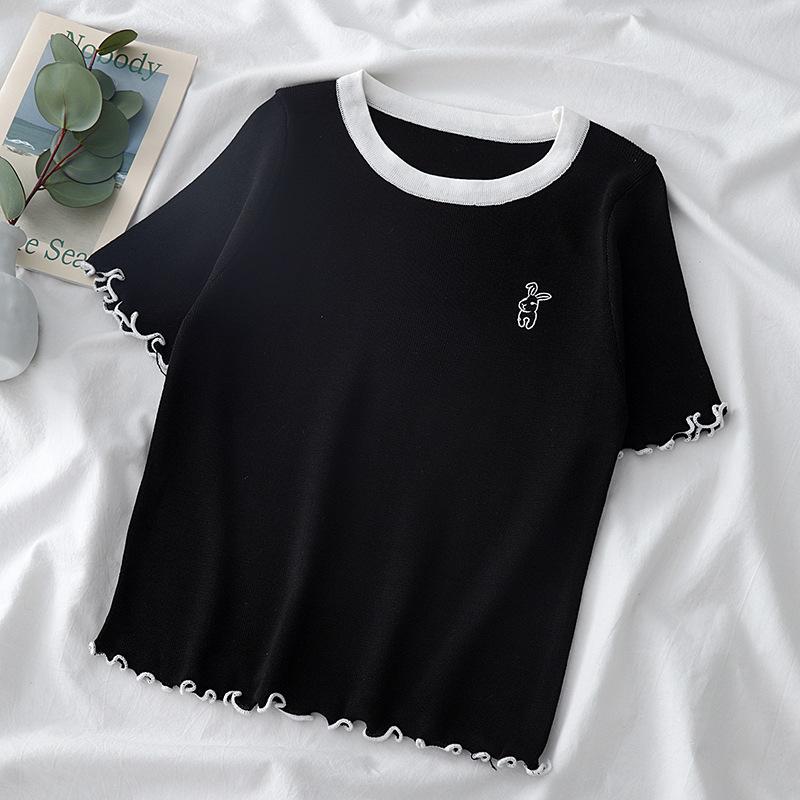 

Футболка с короткими рукавами и вышитым кроликом для женщин, летний новый стиль, контрастный цвет, утягивающий японский топ для девочек One size