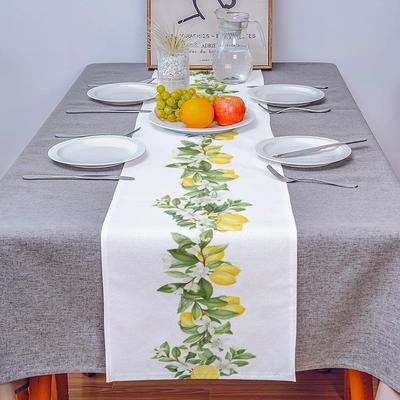 Summer Lemon Flowers Leaves Linen Table Runner Holiday Party Decor Seasonal Farmhouse Kitchen Dining Table Runners Home Decor