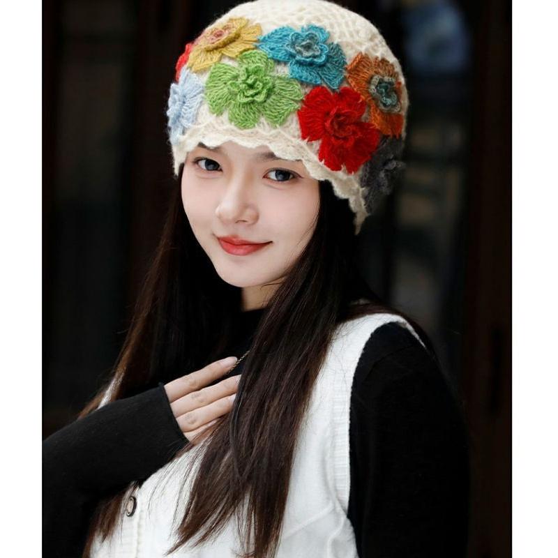 Handmade Crochet Colorful Flower Women'S Hat