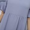 VONDA Summer Women O Neck Ruffled Short Sleeve Casual Pleated Maxi Dress Robes