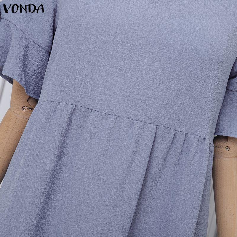 VONDA Summer Women O Neck Ruffled Short Sleeve Casual Pleated Maxi Dress Robes