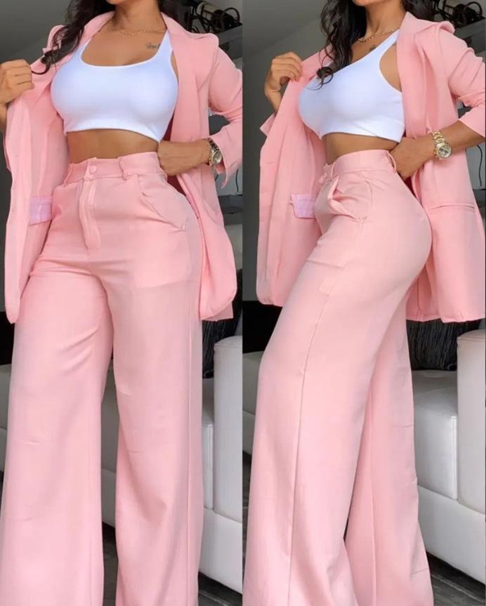 Women's Light Blue Blazer and Wide Leg Pants Suit Set, 2-Piece Formal Wear