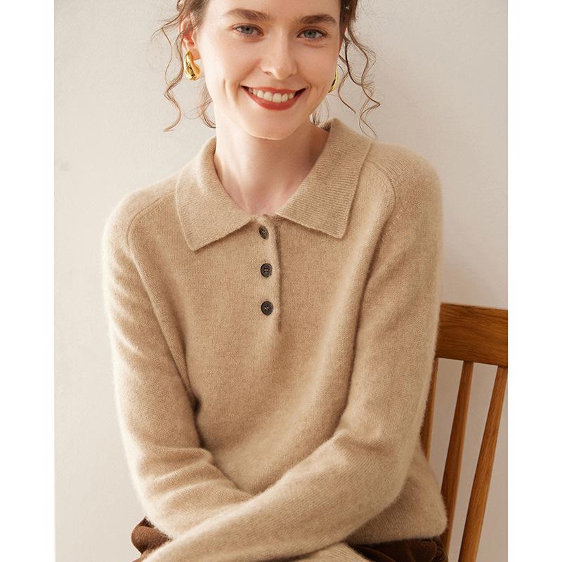 Women's 2024 Autumn/Winter Cashmere Polo Neck Half-Button Loose Slimming Pullover Sweater