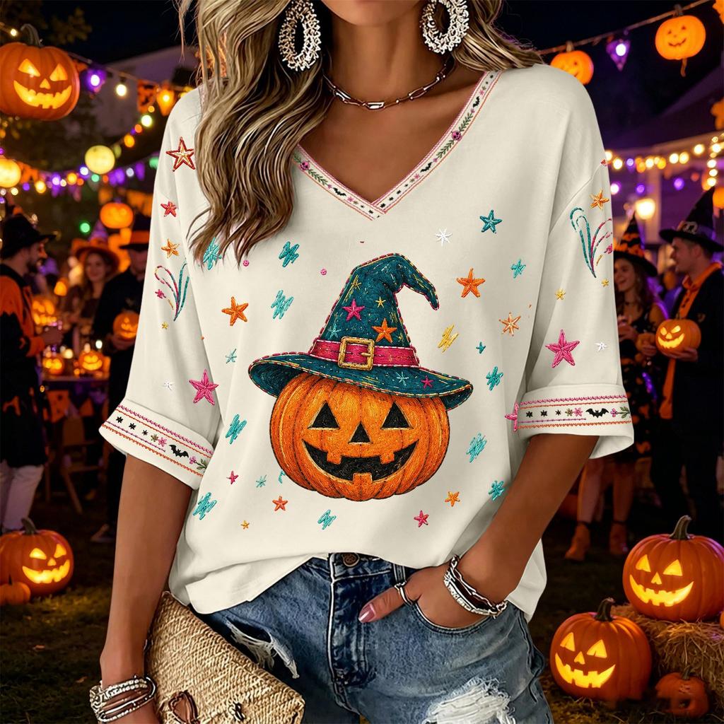 Women's V-Neck Three-Quarter Sleeve Halloween Print Blouse for Party and Costume Wear