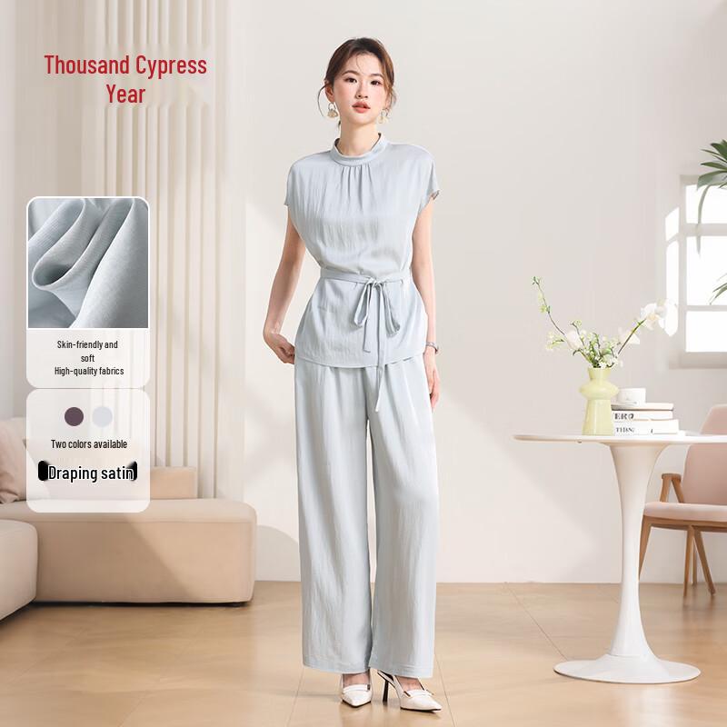 Women s Retro Satin Stand Collar Two-Piece Set M