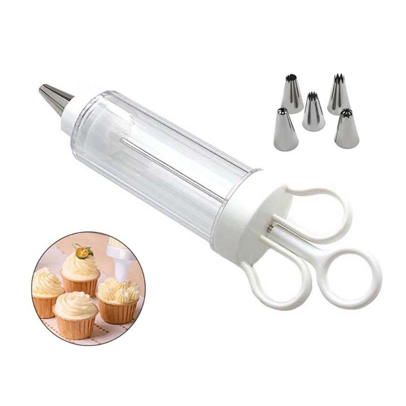 Dessert Cream Piping Syringe Nozzles Kits Dessert Decorating Syringe Cupcake Frosting Filling Injector with 5 Nozzles