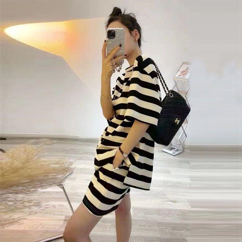 Large Size Casual Sports Suit for Women Summer Korean Style Striped Short-sleeved T-shirt Shorts Two-piece Set