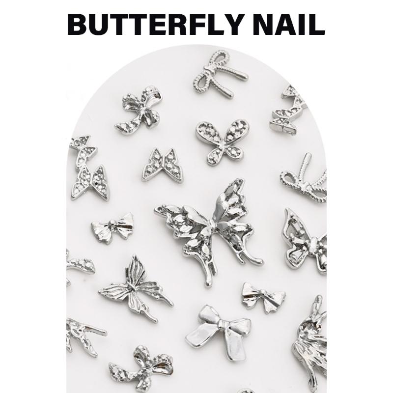 10 Pcs/Set 3D Bows Nails Charms Sparkling Butterfly Nails Charms Alloy Manicure Supplies Nails Art Decorations for Women