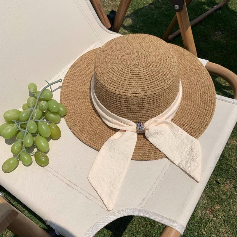 

Шляпа-цилиндр с широкими полями Плоская соломенная шляпа Женская летняя дорожная модная шляпа с бантом от солнца Защитная от солнца пляжная шляпа в повседневном стиле