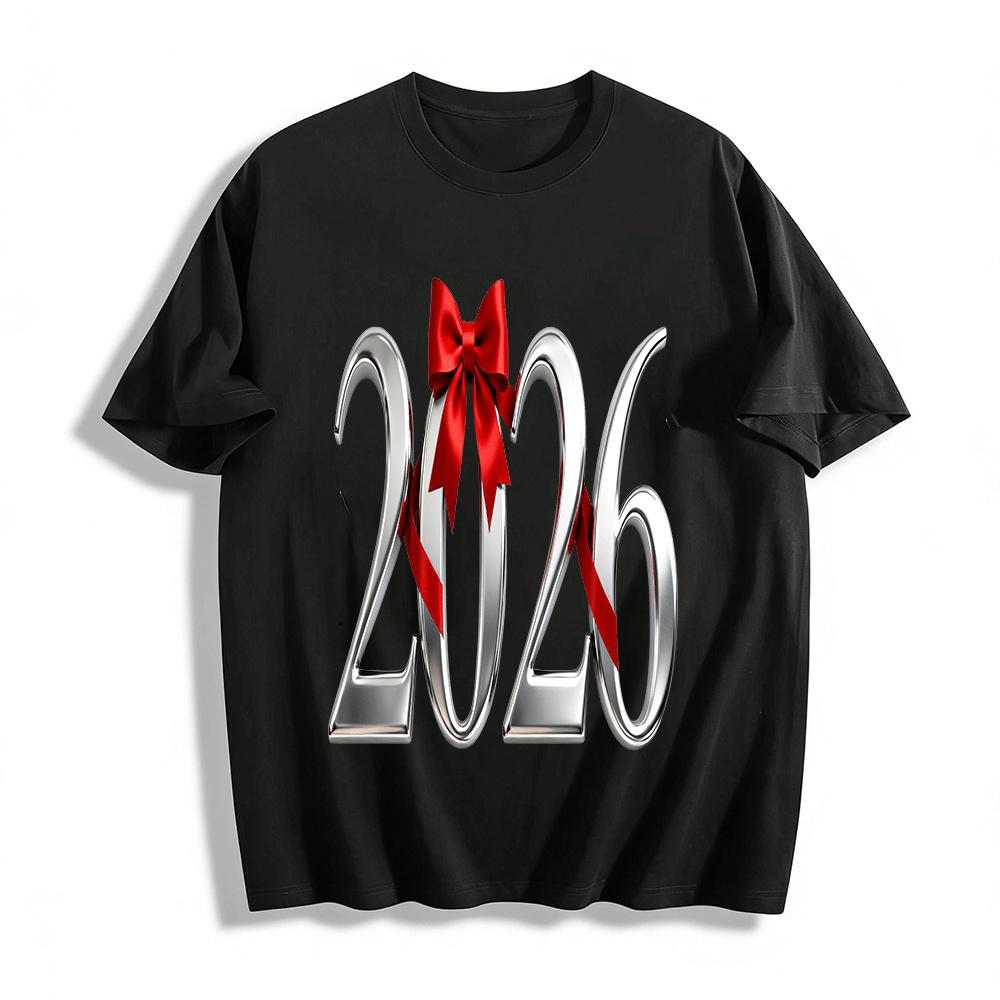 2026 New Year Shiny Number Print Red Bow Casual Top Pure cotton T-shirt XXS