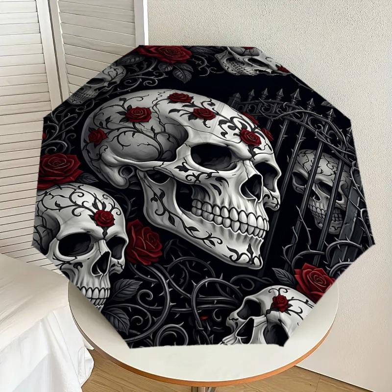 1PC Skulls Roses Umbrella-8-Rib Reinforced Portable Folding Travel Suitable for All Seasons Outdoor Daily Use Is an Ideal Choice -K0384
