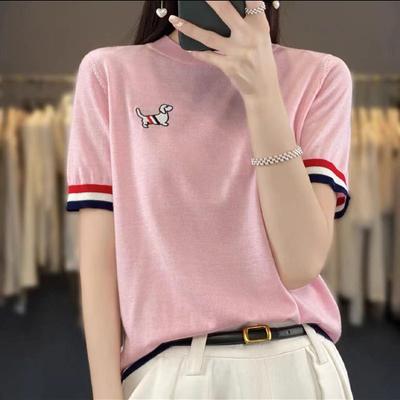 Ice Silk Short-sleeved T-shirt for Women Round Neck Sweater Embroidered Versatile Thin Loose Versatile Base Shirt Top