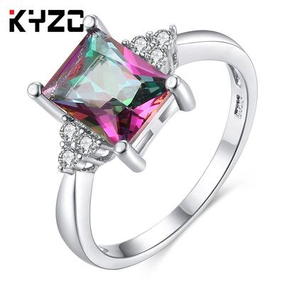 Colorful Stone Square Diamond Ring, Creative Personalized Inlaid Rainbow Gemstone Ring Jewelry