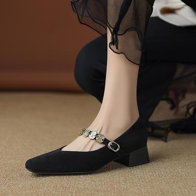 Fashion 2025 New Spring Women Pumps Kid Suede Square Toe Genuine Leather Shoes for Women Buckle Strap Mary Janes Ladies Shoes