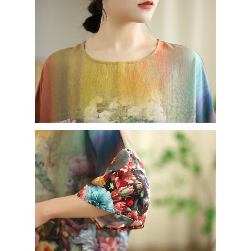 DIMANAF 2025 Summer Plus Size T-Shirt Women Flower Printing Short Sleeve Vintage New Loose Tops Tees Maxi