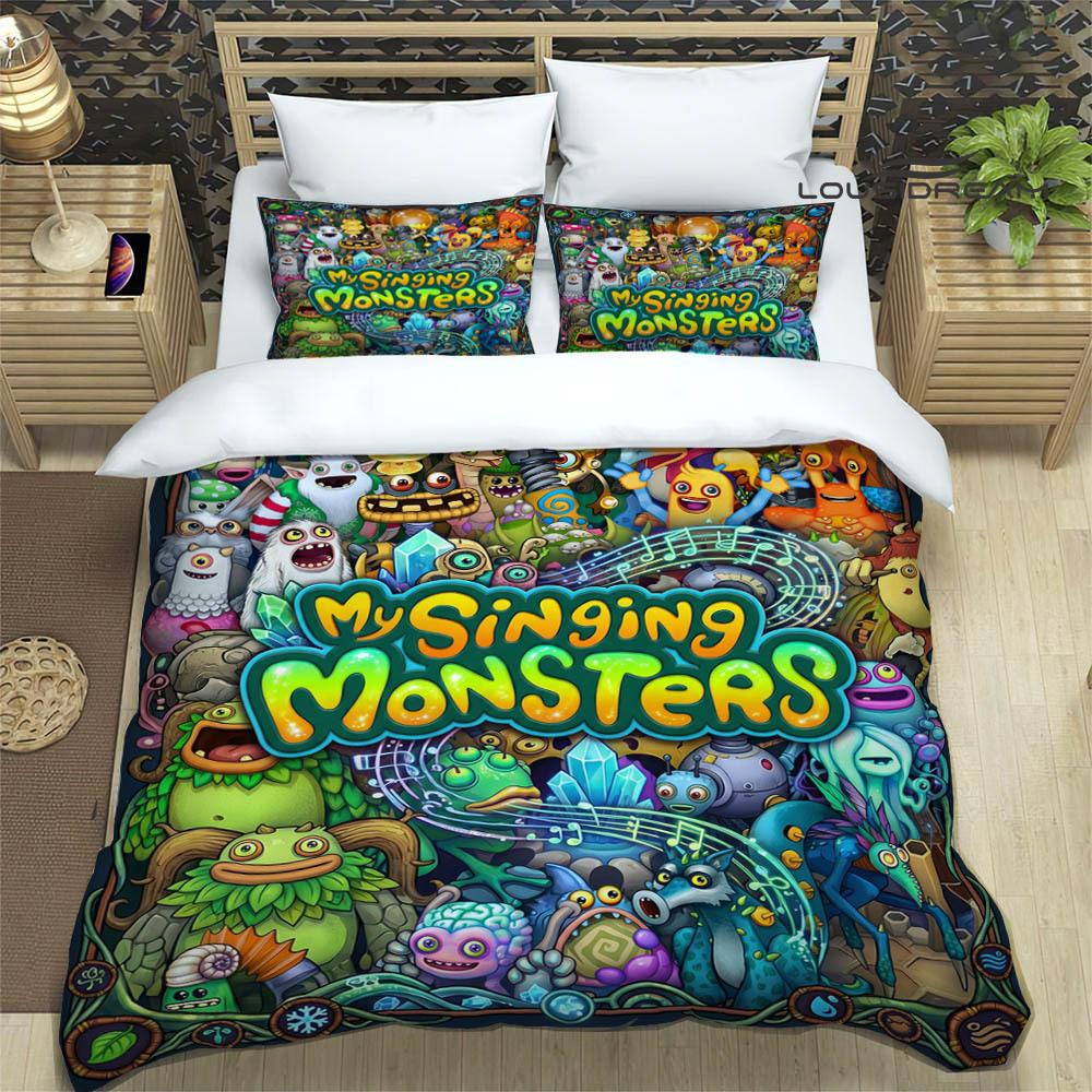 M-My Singing Monsters bedruckte Bettwäsche-Sets exquisites Bettwaren-Set Bettbezug Steppbett-Set Bettwäsche-Set Luxus-Geburtstagsgeschenk