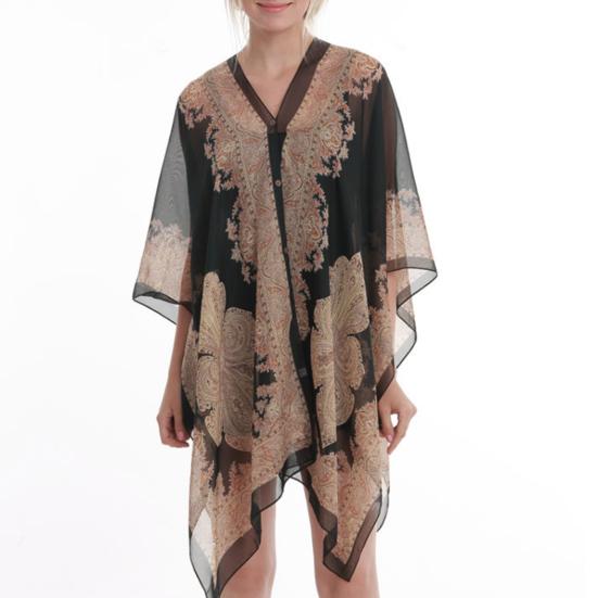 Women Beach Shawl Sun Protection Printing Sunscreen Anti-UV Vintage Beachwear Chiffon Soft Buttons Summer Scarf Clothes Accessories