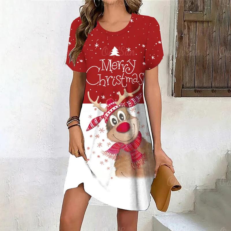 New Cartoon Moose Digital 3D Print Crew Neck Short-sleeve Pullover Stylish Casual Women's Dress