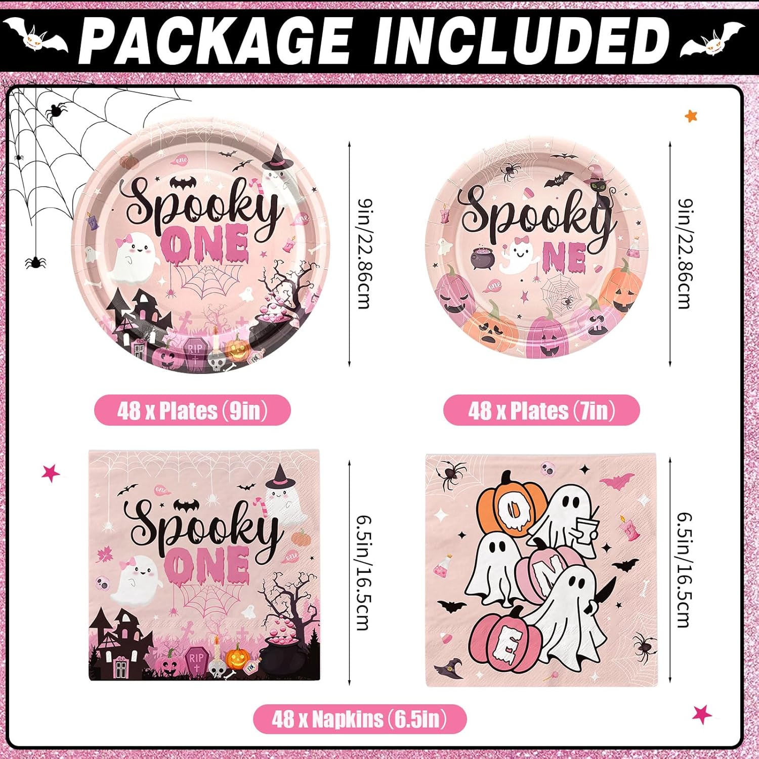 182Pcs Spooky One Birthday Decorations Girl Halloween 1st Birthday Party Decorations with Pink Plates and Napkins for Halloween Decorations Girl