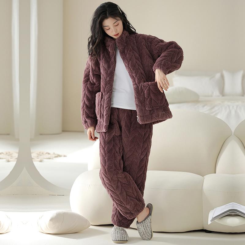 Winter Coral Fleece Padded Pajamas Women'S Fleece Thickened Flannel Padded Jacket Autumn And Winter Loungewear Warm Suit