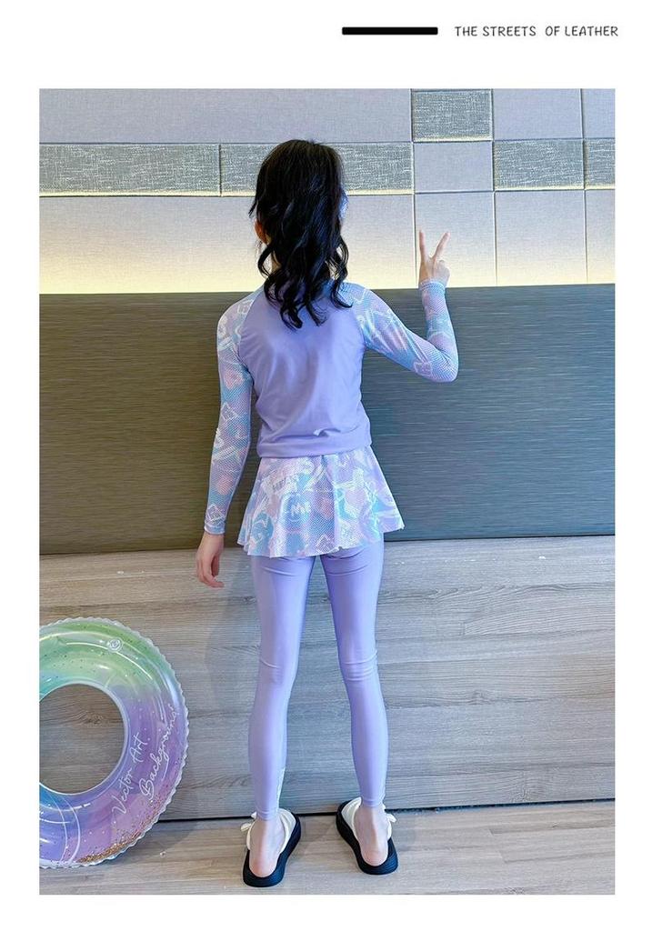 Girls' Long Sleeve Two-Piece Swimsuit Set - Sun Protection, Sweet Style 2026 for Middle School Students