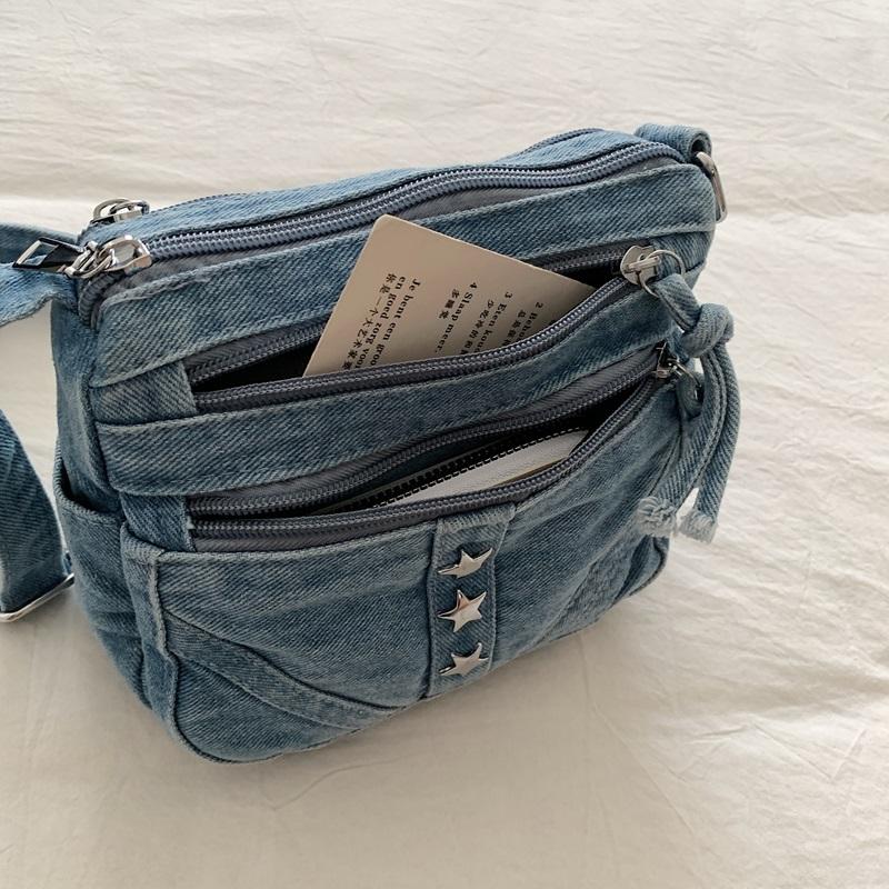 Retro Denim Crossbody Bag Multi Pocket Shoulder Purse with Star Decoration