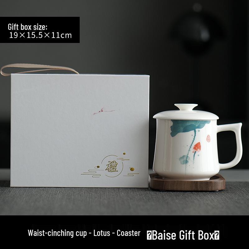 Jade Conference Sheep Fat Porcelain Tea Cup with Lid – White Ceramic Mug for Home and Office, Ideal Gift