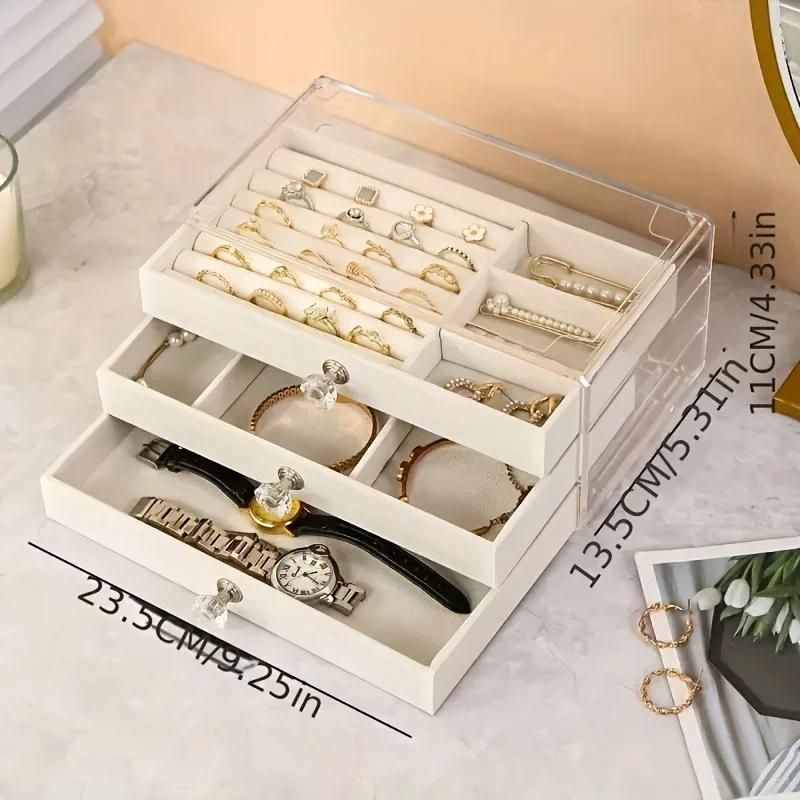 3-Tier Dust-Proof Acrylic Jewelry Organizer Box, Elegant Modern Rectangular Tabletop Display Case Jewelry Boxes and Packaging