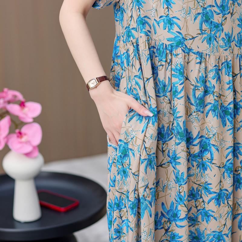 Elegant Dresses for Women Plus Size Loose Casual Vintage Print Long Dress With Sleeves Summer Middle-aged Women's Clothing