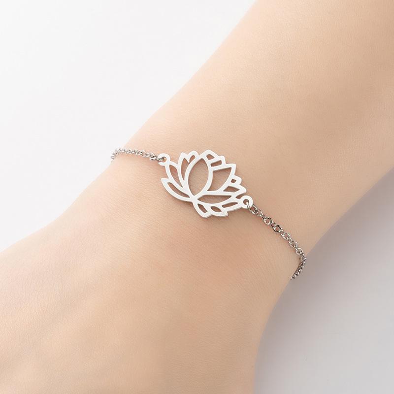 2025 Stainless Steel Lotus Water Lily Pendant Bracelet with Hollow-cut Flower Design