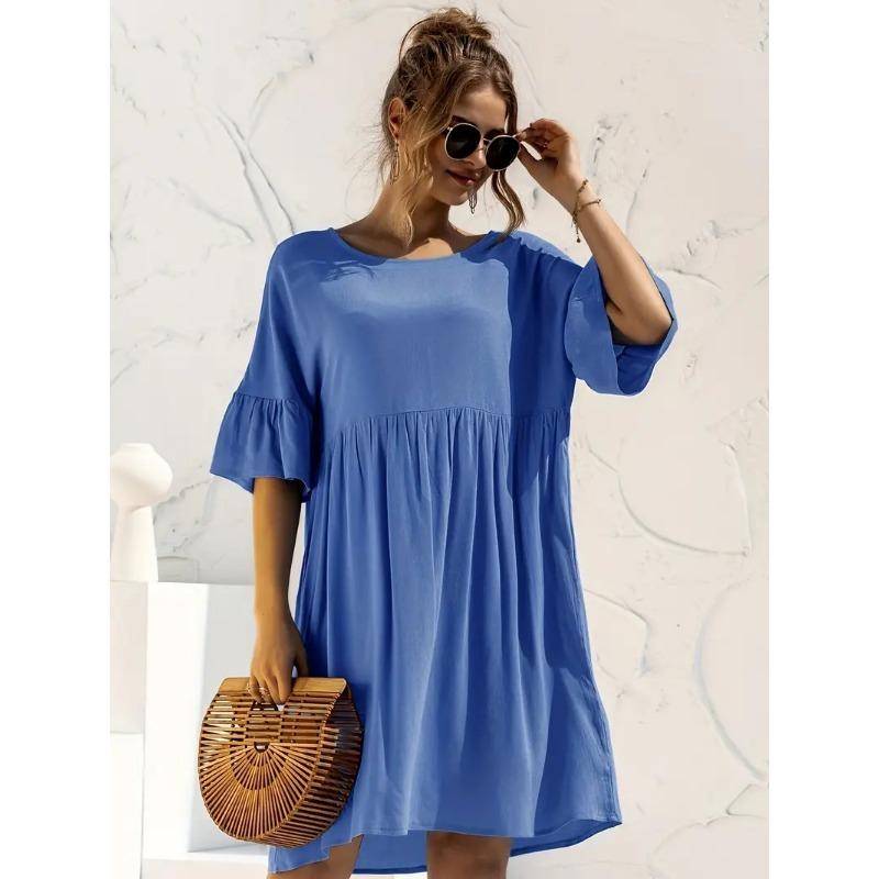 Ruffle Hem Crew Neck Dress, Casual Short Sleeve Dress For Spring & Summer, Women's Clothing