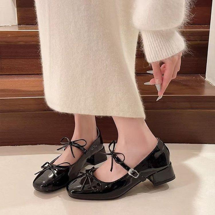 

French ballet Mary Jane single shoes silver thick heel high heels temperament with skirt small leather shoes jk 35 чёрный