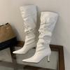 Strap metal buckle pointed high heel boots autumn and winter wrinkled high boots Maillard stacking boots